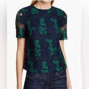 Ted Baker Navy and Green Lace Blouse with Contrasting Ribbon Trim, size 1